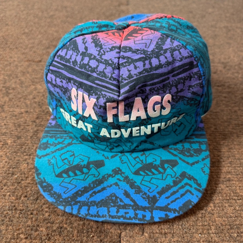 Vintage Six Flags Great‎ Adventure Snapback Hat 90s All Over Print USA Made Teal